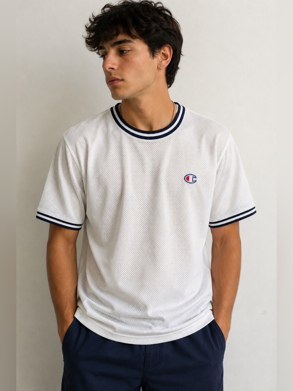 Champion White Mesh Ringer T-Shirt Men’s Medium Vintage Y2K Athletic Jersey Tee